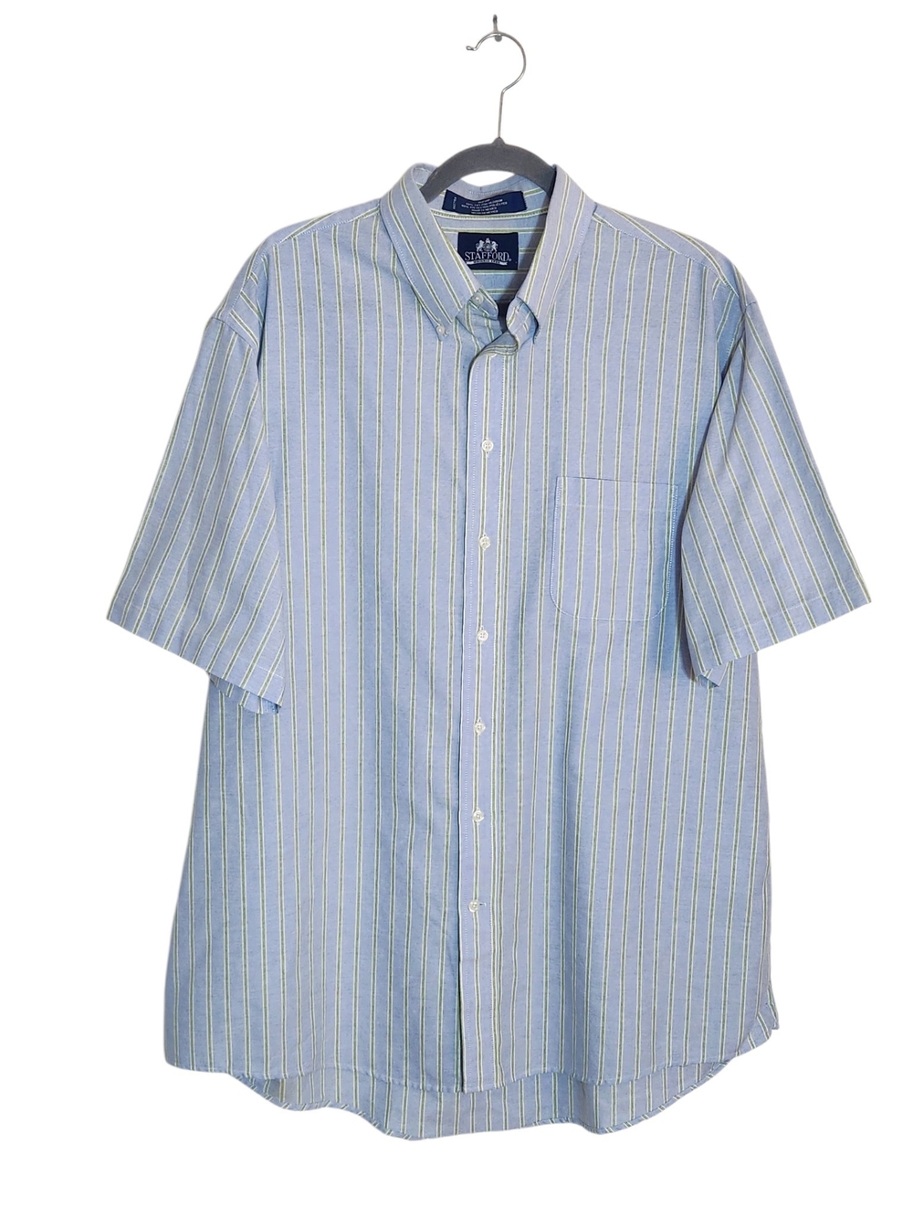 Stafford Blue and Green Stripe Oxford Button Down Shirt Size 17.5 Flaw